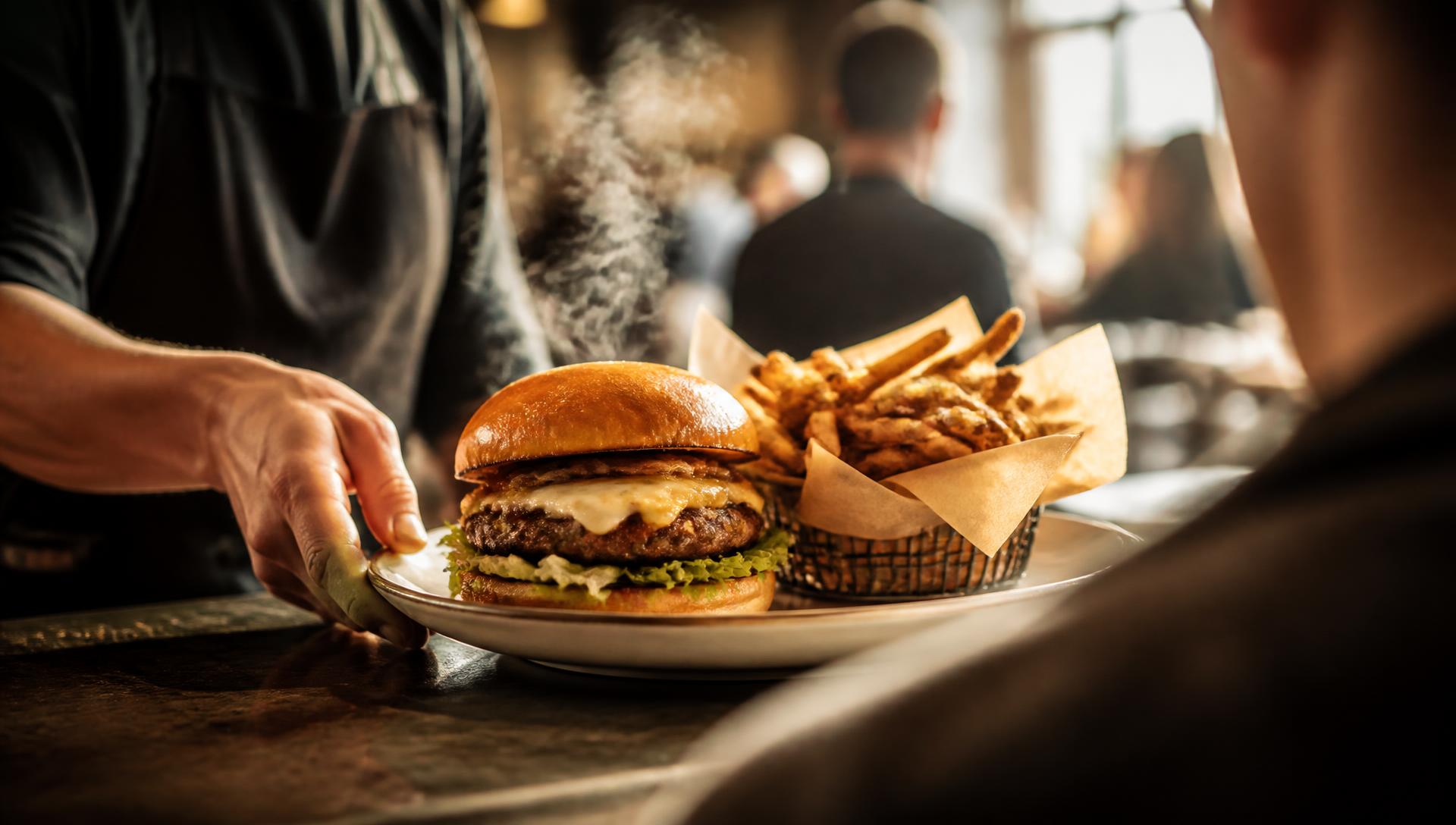 Burger and fries being served across a restaurant counter.