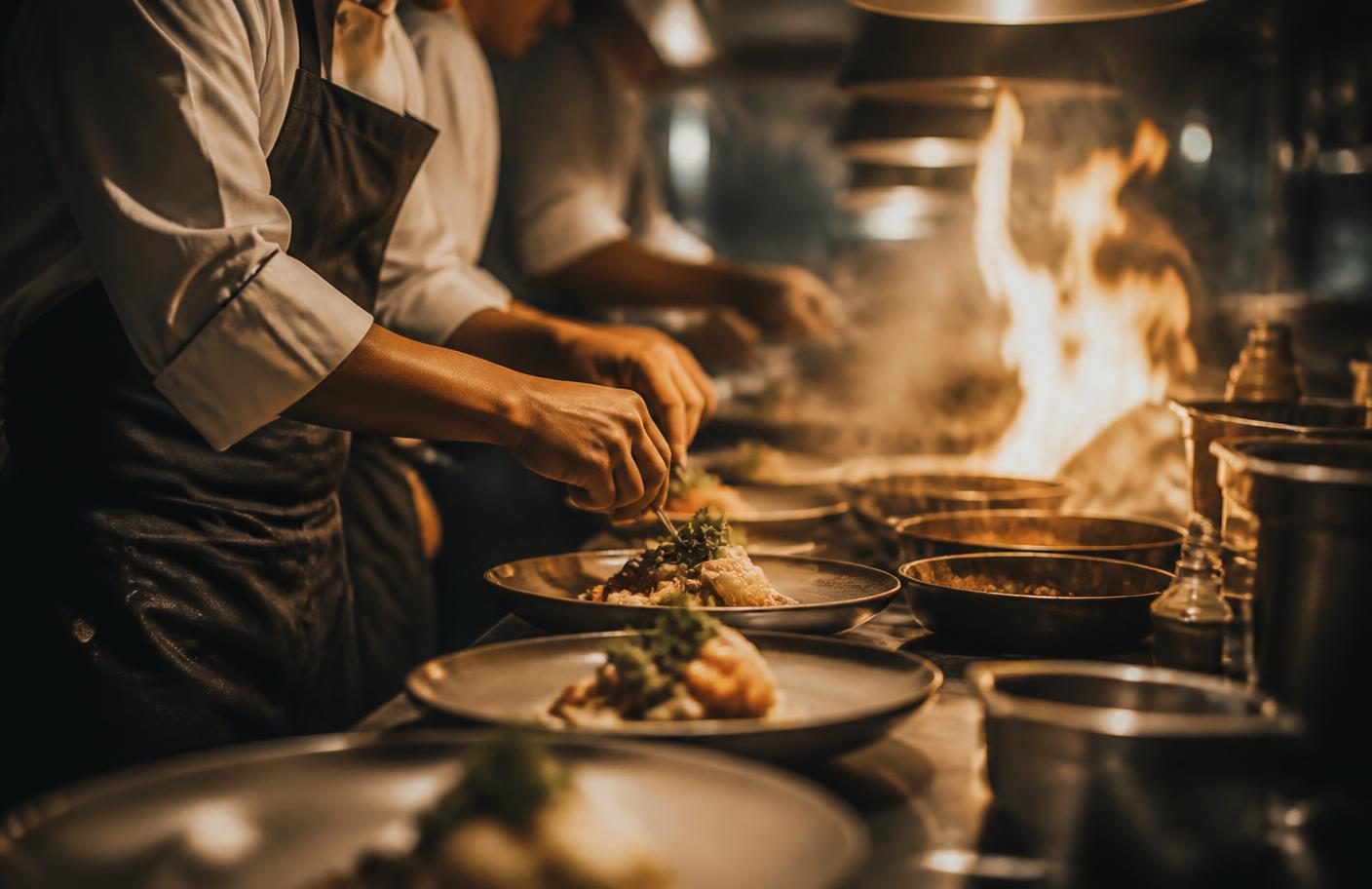Chefs plating dishes on a busy restaurant line with flames behind them